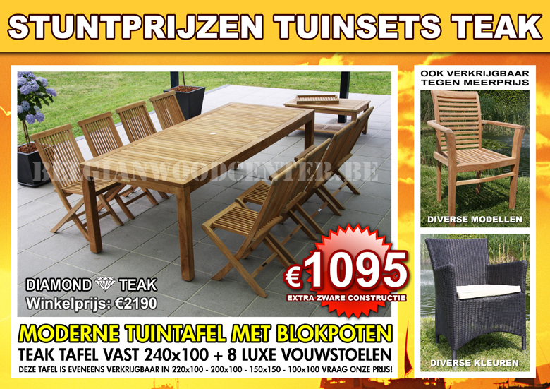 Moderne tuintafel met blokpoten - Teak tafel vast 240x100 + 8 Luxe vouwstoelen